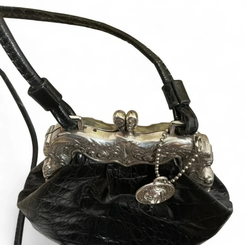 VTG Brighton‎ Crossbody Bag Women Small Black Croc Embossed Kiss Lock Pouch